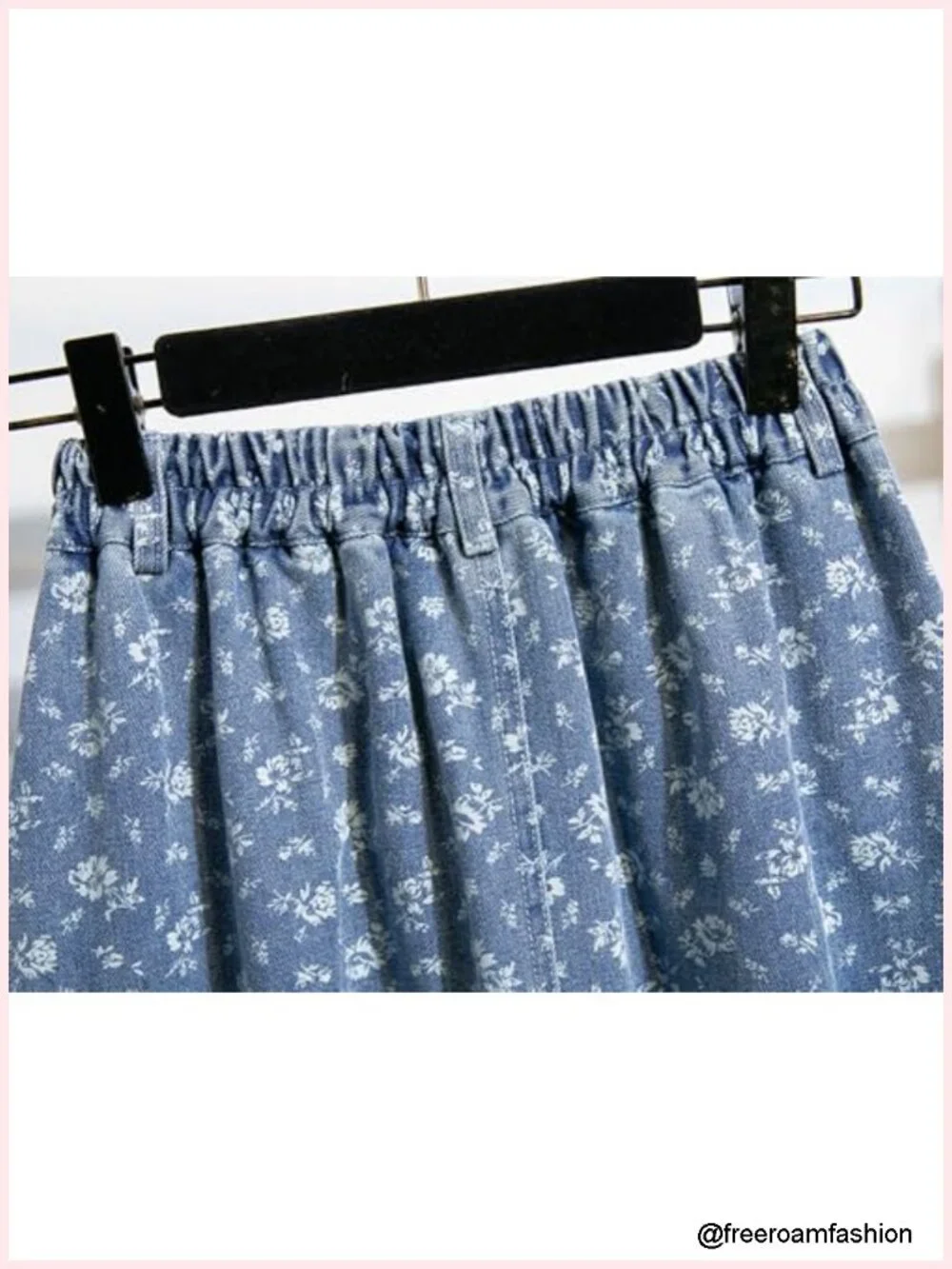 Vintage Floral Print Denim Skirt High Elastic Waist A-Line Midi Long with